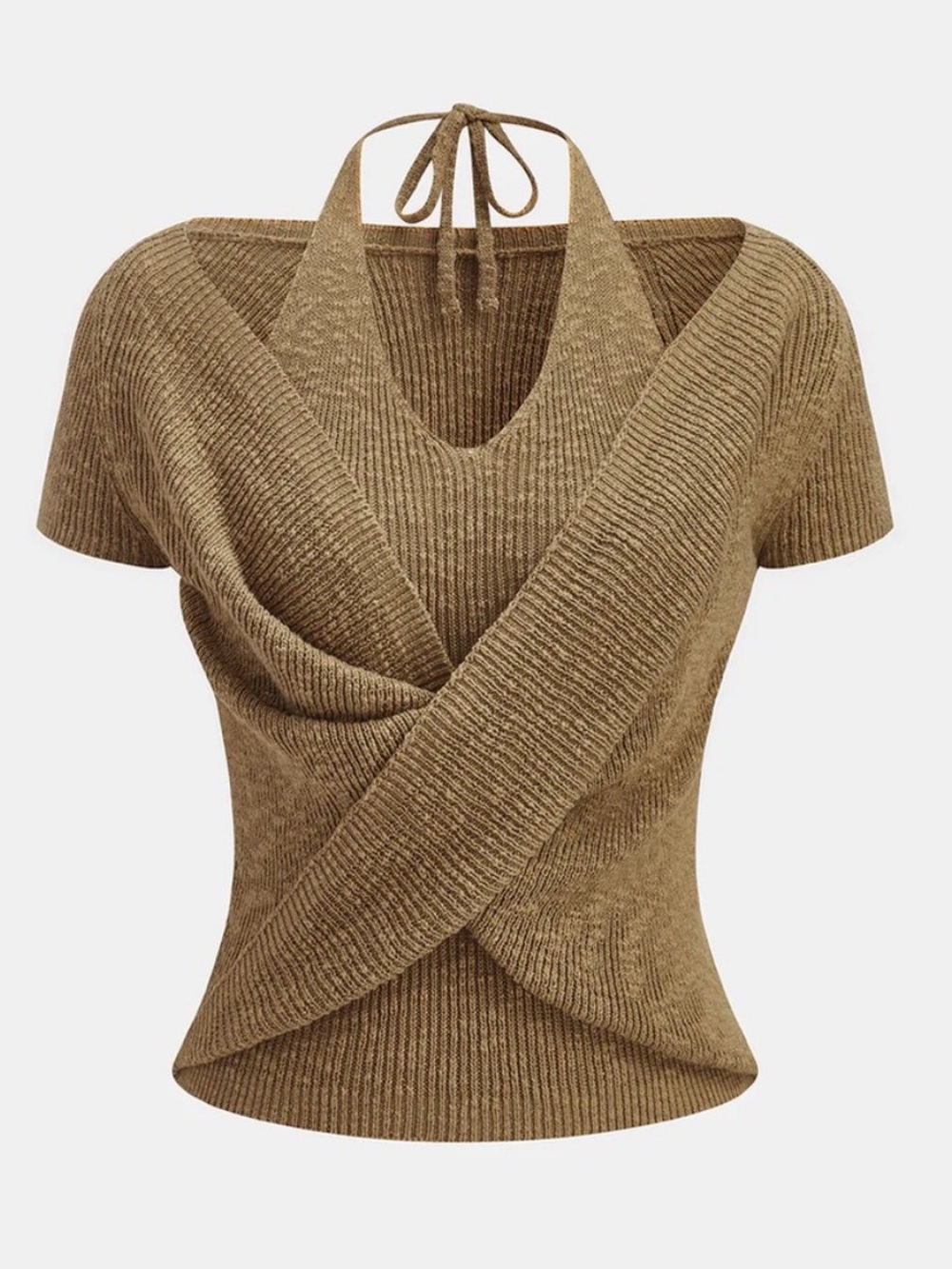 Commense S Brown Layered Wrap Knit Top Halter Tie Short Sleeve Y2K